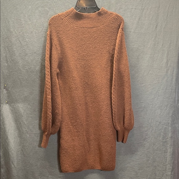 A loves A tear drop mock neck balloon sleeve sweater Knit Dress in Rich Brown - Picture 7 of 8